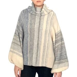 Fate Striped Cowl Neck Mohair Alpaca Knit Slouchy Sweater Sz Large Blue Cream